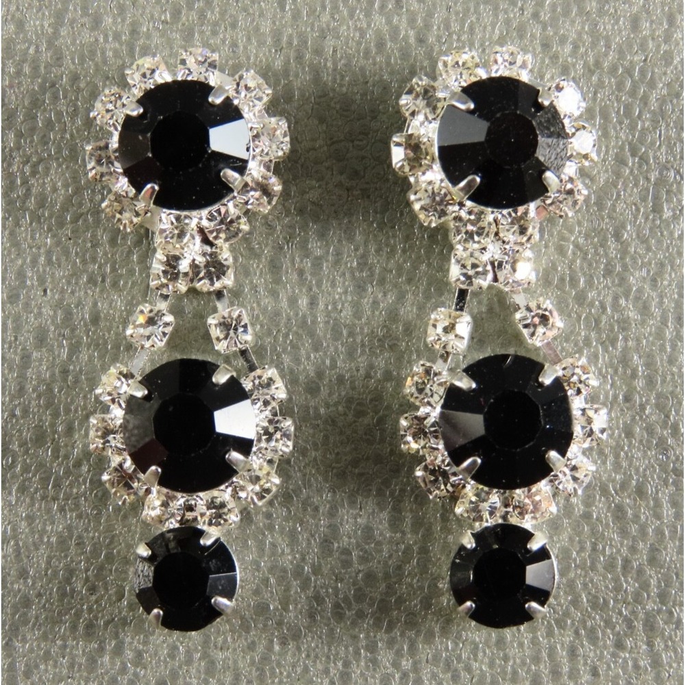 VTG BLACK & WHITE/CLEAR RHINESTONE Dangle Earrings SILVER TONE Party Cocktail